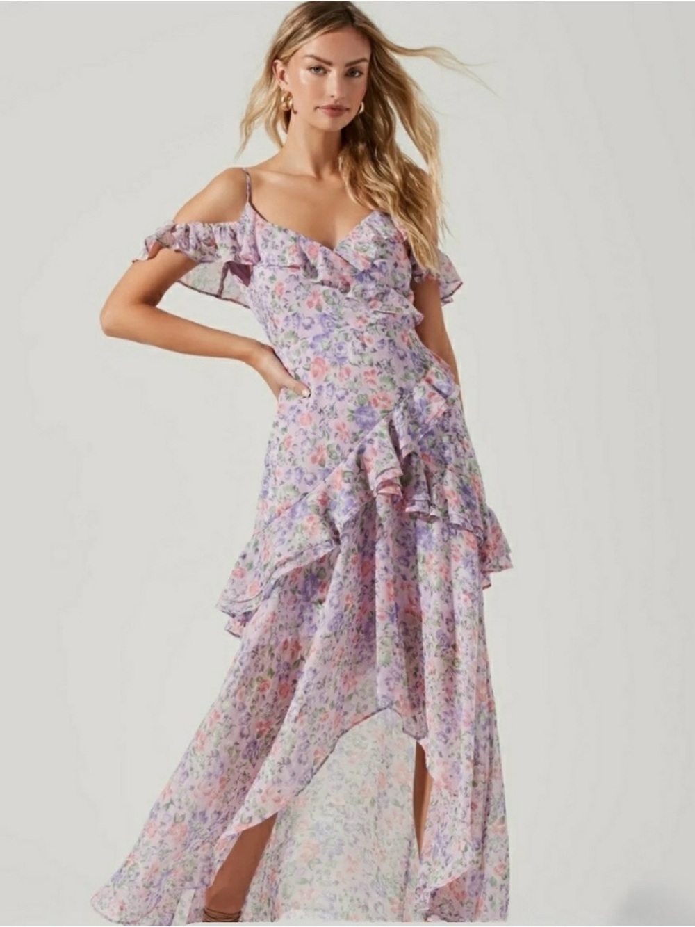 ASTR Floral Ruffled Cold-Shoulder Maxi Dress in Pink
